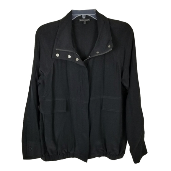 Eileen Fisher 100% Silk Full Zip Lightweight Jacket Size XS Black Snap Crepe - Picture 1 of 11
